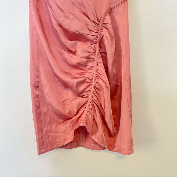 Anthropologie Ruched Asymmetrical Satin Mini Dress NEW Size 2 in Coral Pink - Picture 8 of 14